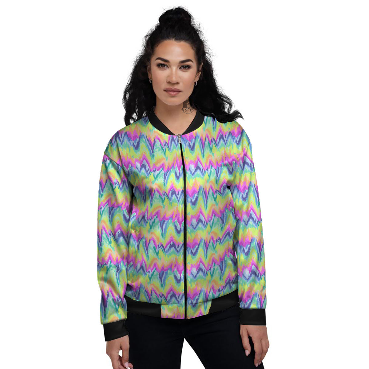 Tie Dye Zigzag Rainbow Print Pattern Women's Bomber Jacket-grizzshop