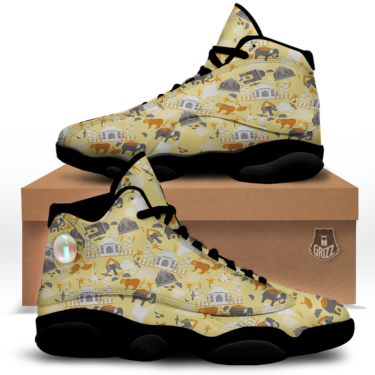 Tiger And Asian Elephant Print Black Basketball Shoes-grizzshop
