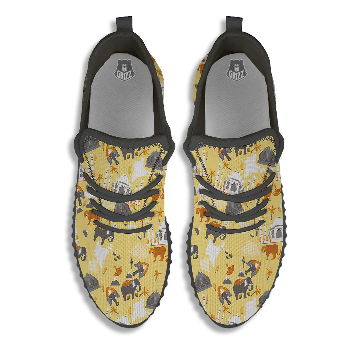 Tiger And Asian Elephant Print Black Walking Shoes-grizzshop
