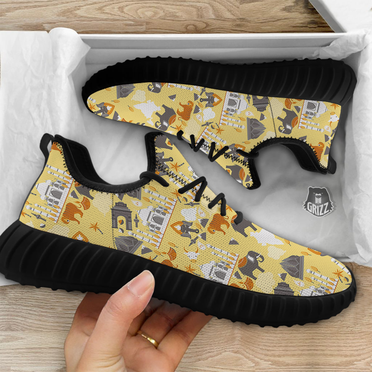 Tiger And Asian Elephant Print Black Walking Shoes-grizzshop