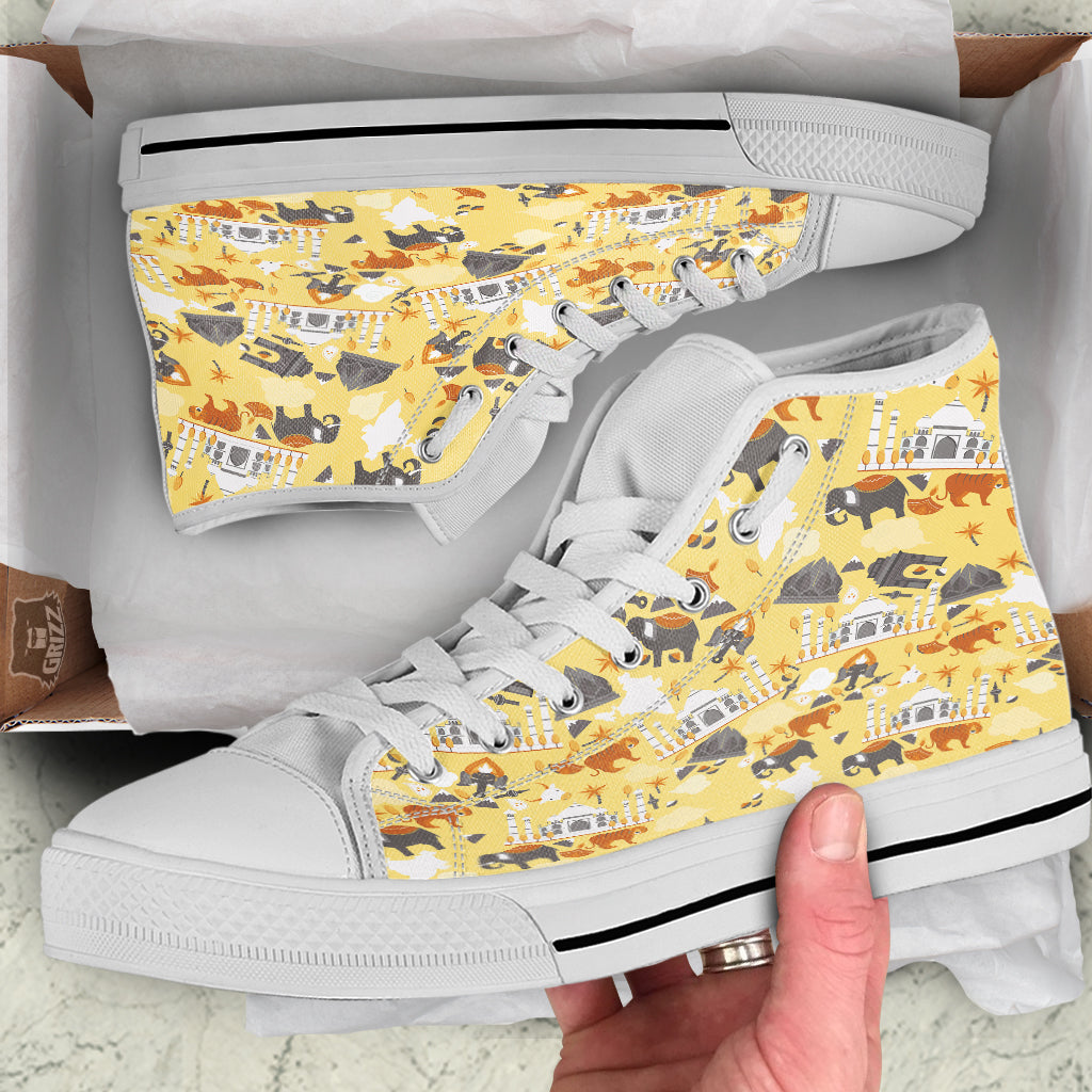 Tiger And Asian Elephant Print White High Top Shoes-grizzshop