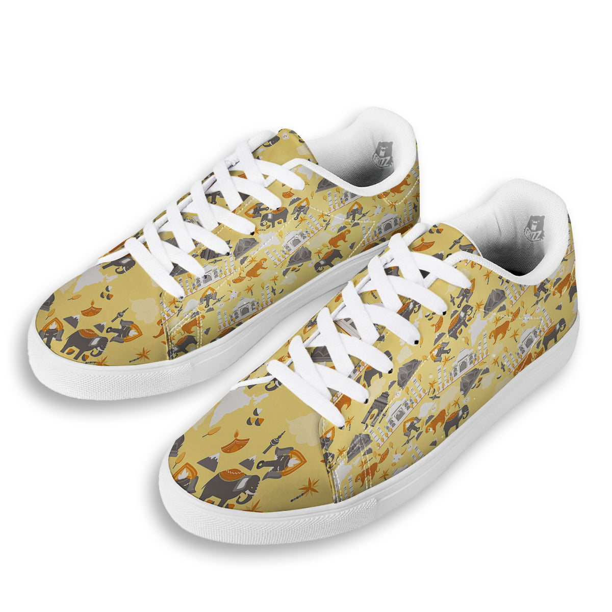 Tiger And Asian Elephant Print White Low Top Sneakers-grizzshop