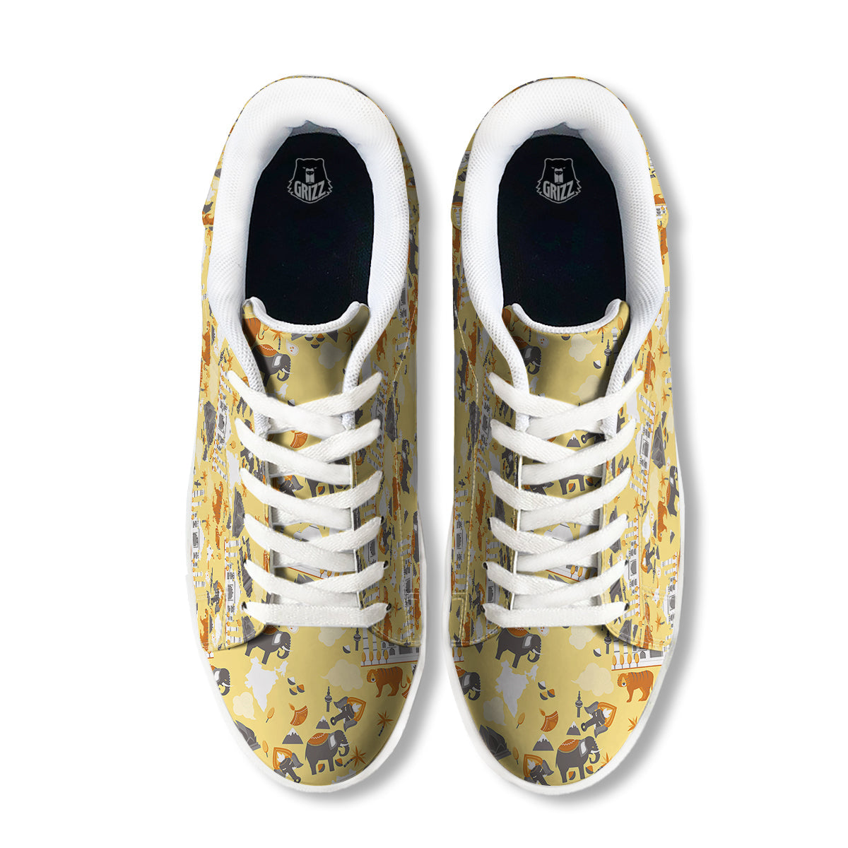 Tiger And Asian Elephant Print White Low Top Sneakers-grizzshop