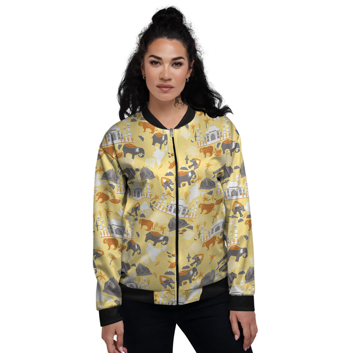 Tiger And Asian Elephant Print Women's Bomber Jacket-grizzshop