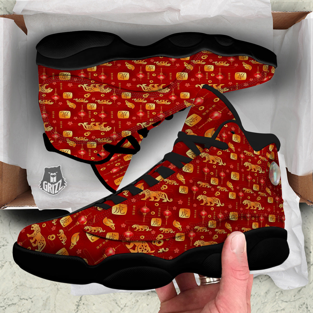Tiger And Chinese New Year Print Pattern Black Basketball Shoes-grizzshop