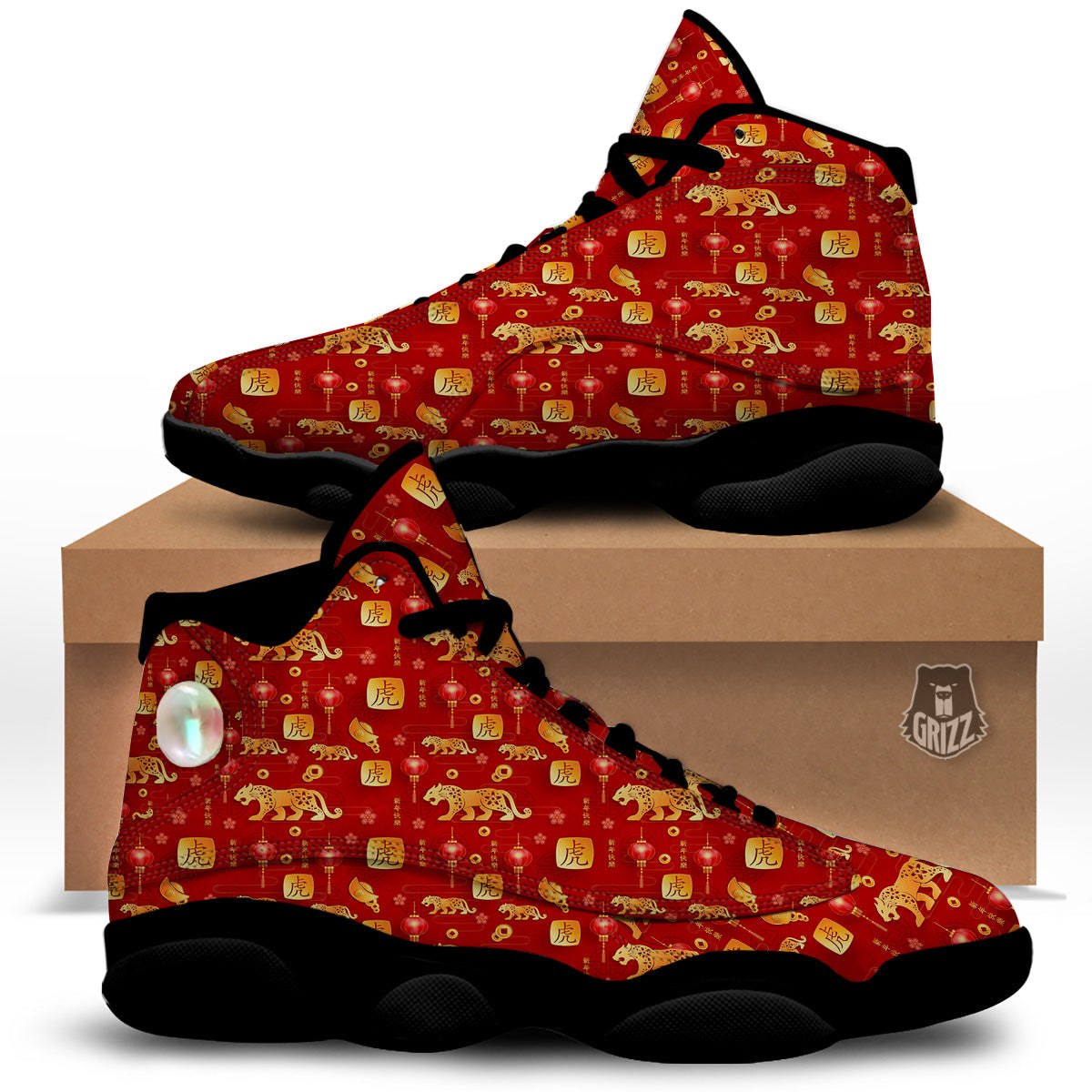 Tiger And Chinese New Year Print Pattern Black Basketball Shoes-grizzshop