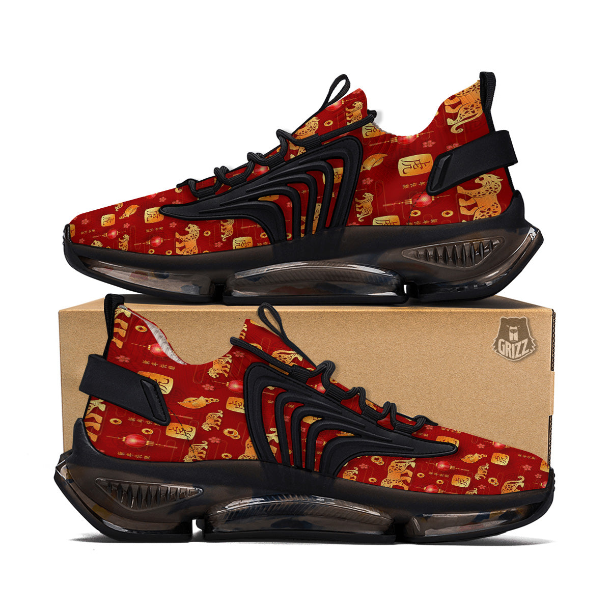 Tiger And Chinese New Year Print Pattern Black Gym Shoes-grizzshop