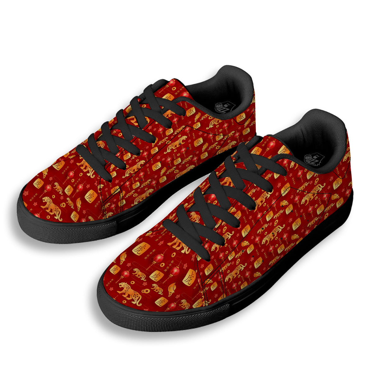 Tiger And Chinese New Year Print Pattern Black Low Top Sneakers-grizzshop