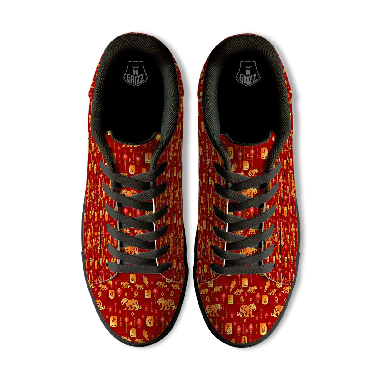 Tiger And Chinese New Year Print Pattern Black Low Top Sneakers-grizzshop
