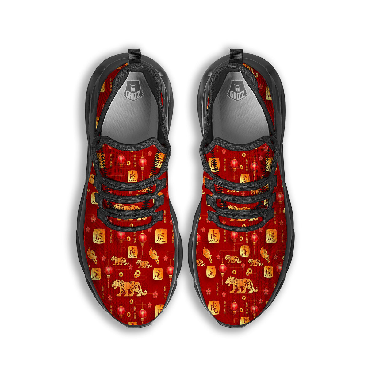 Tiger And Chinese New Year Print Pattern Black Running Shoes-grizzshop