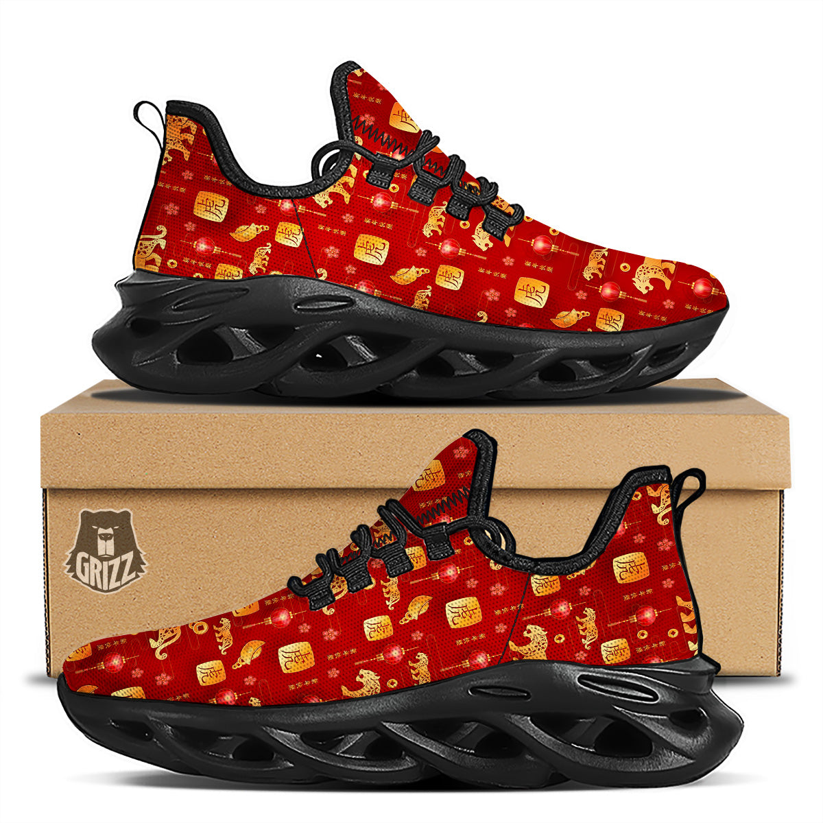 Tiger And Chinese New Year Print Pattern Black Running Shoes-grizzshop