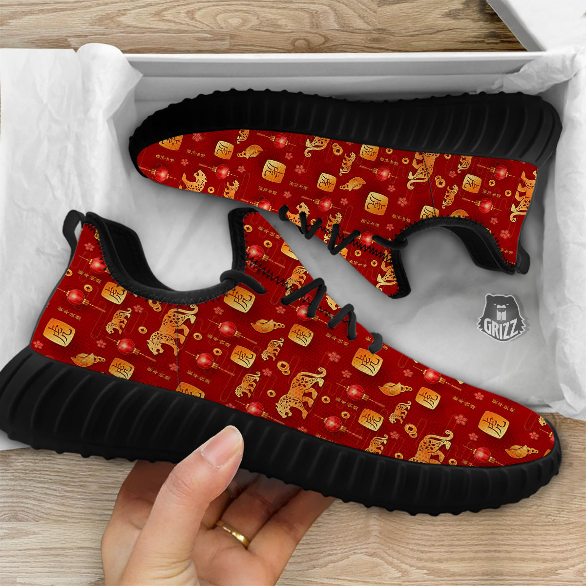 Tiger And Chinese New Year Print Pattern Black Walking Shoes-grizzshop