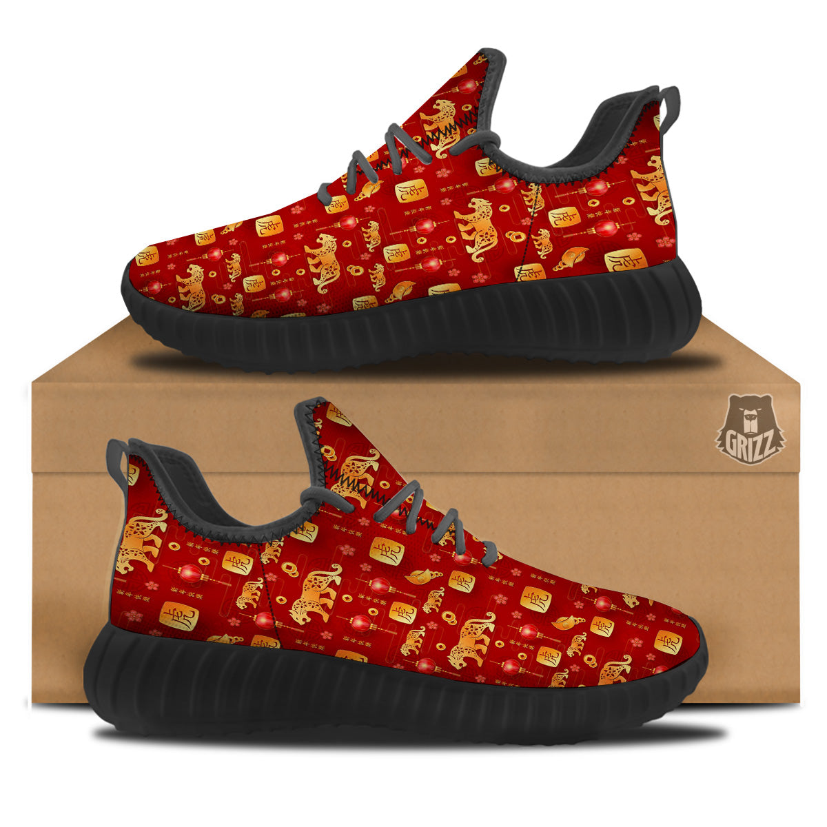 Tiger And Chinese New Year Print Pattern Black Walking Shoes-grizzshop