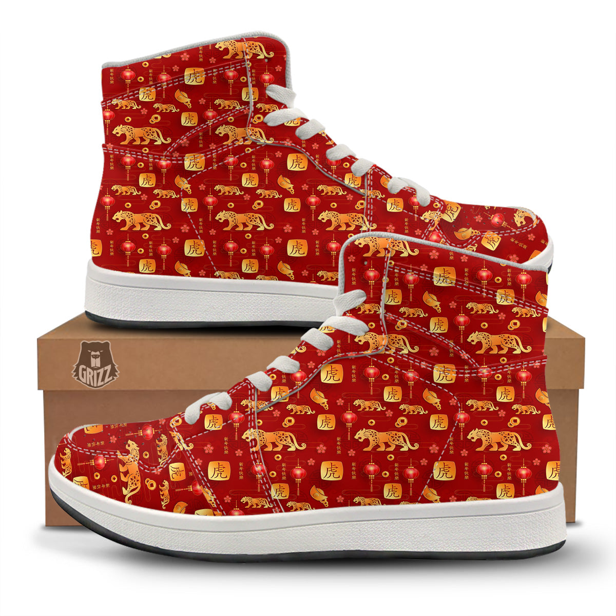 Tiger And Chinese New Year Print Pattern High Top Sneakers-grizzshop