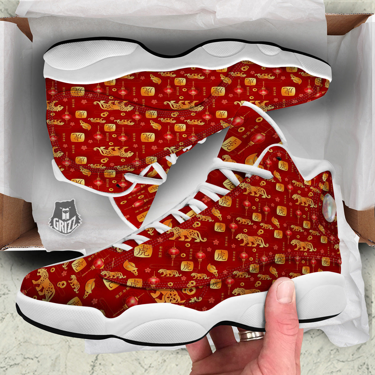 Tiger And Chinese New Year Print Pattern White Basketball Shoes-grizzshop