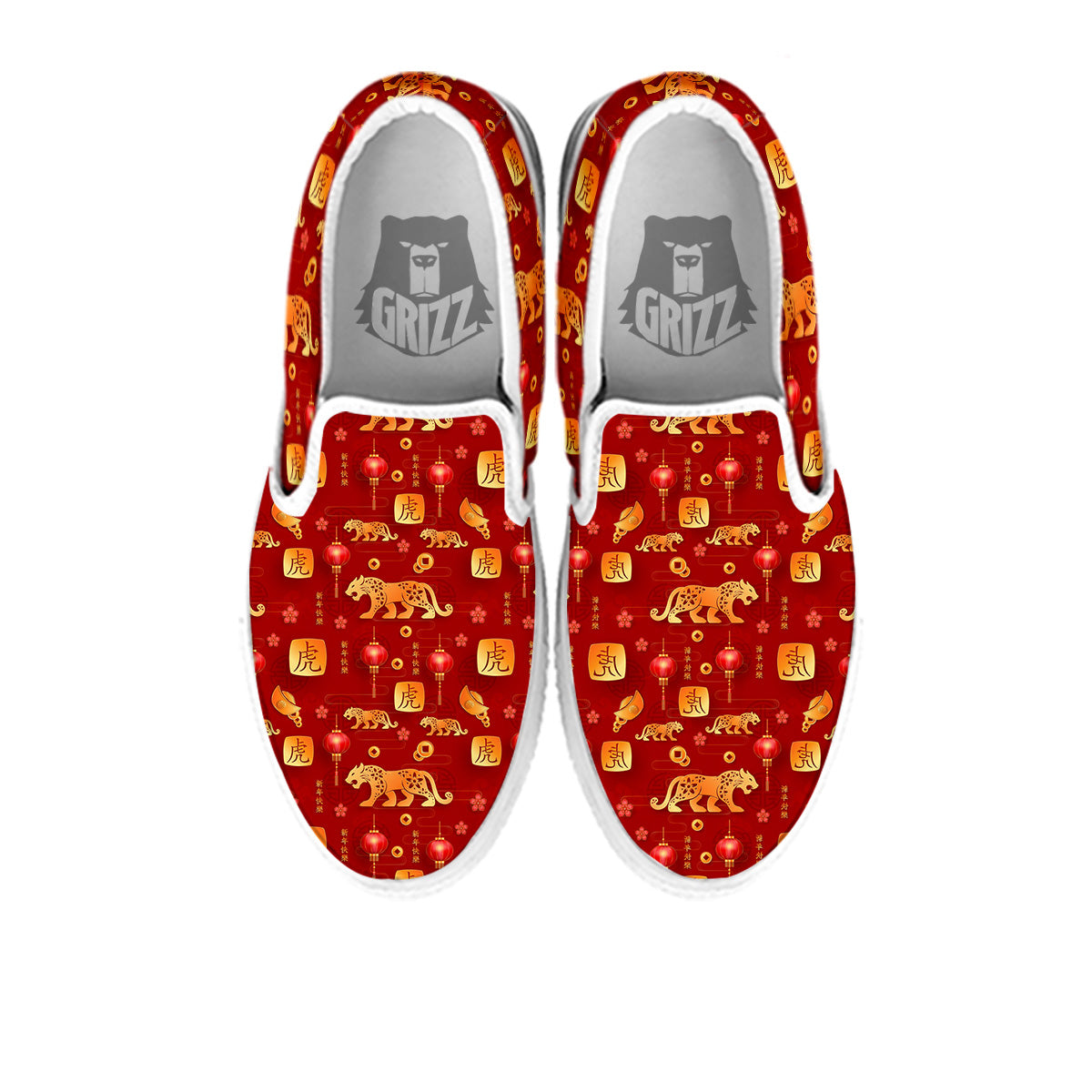 Tiger And Chinese New Year Print Pattern White Slip On Shoes-grizzshop