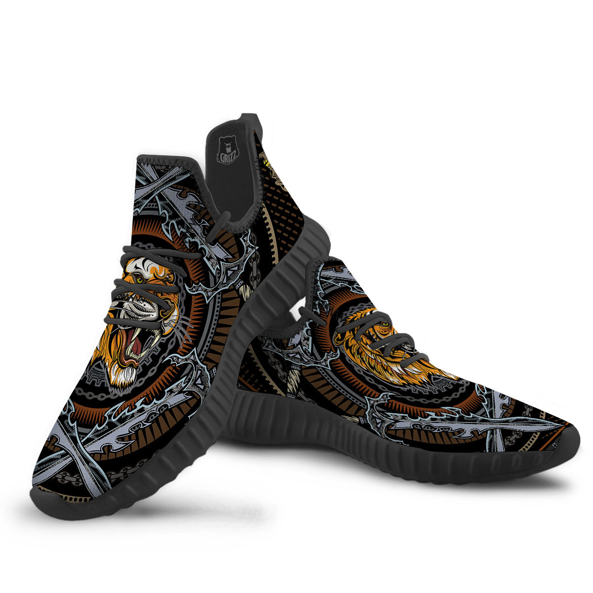 Tiger And Crossed Swords Print Black Walking Shoes-grizzshop