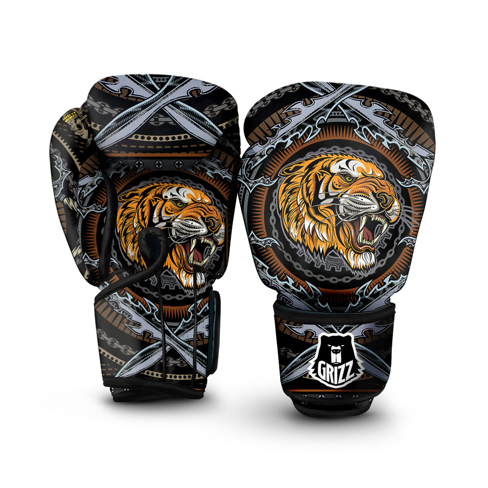 Tiger And Crossed Swords Print Boxing Gloves-grizzshop