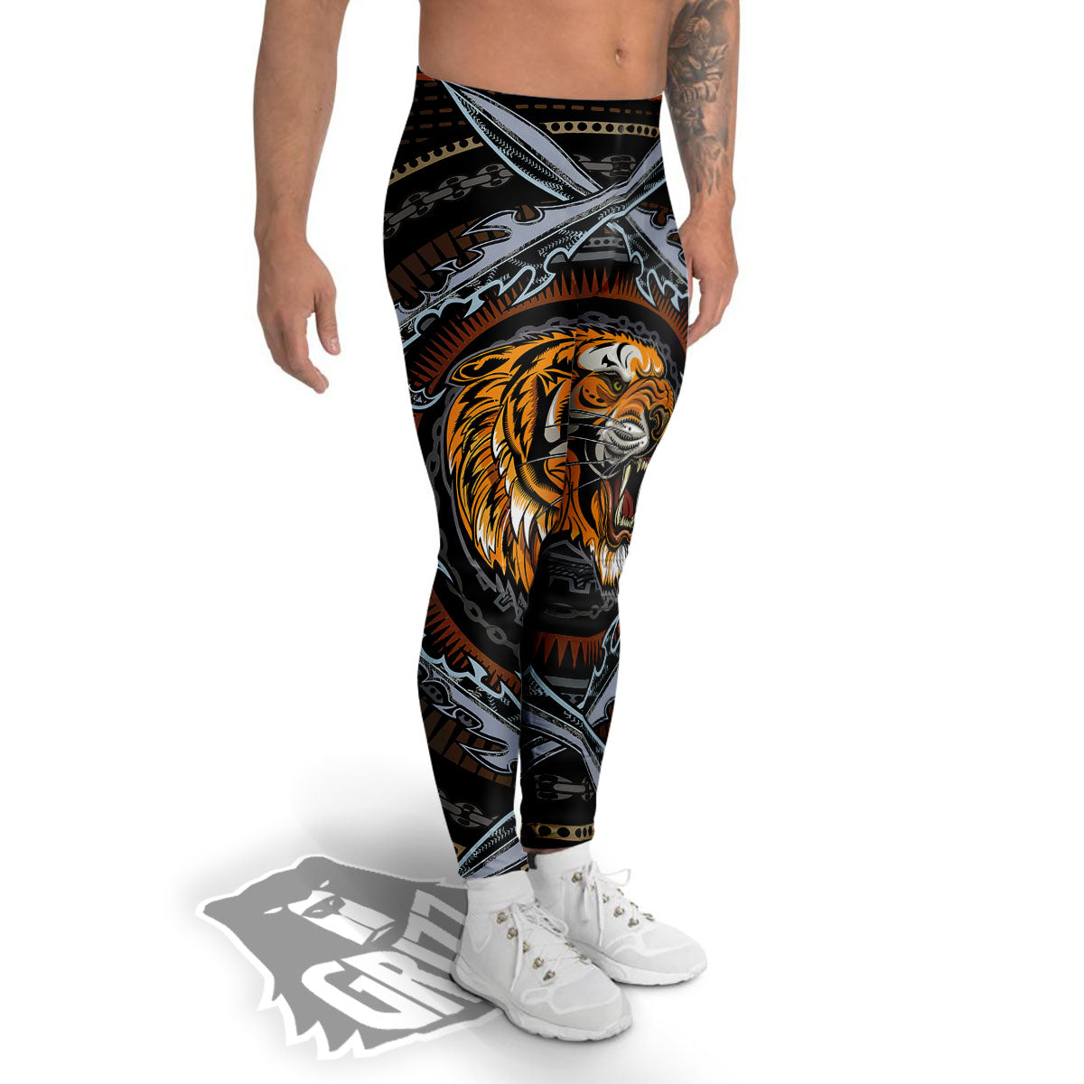 Tiger And Crossed Swords Print Men's Leggings-grizzshop