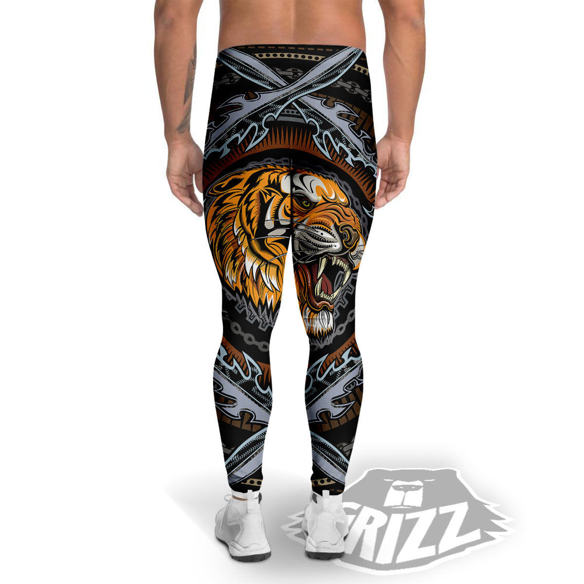 Tiger And Crossed Swords Print Men's Leggings-grizzshop