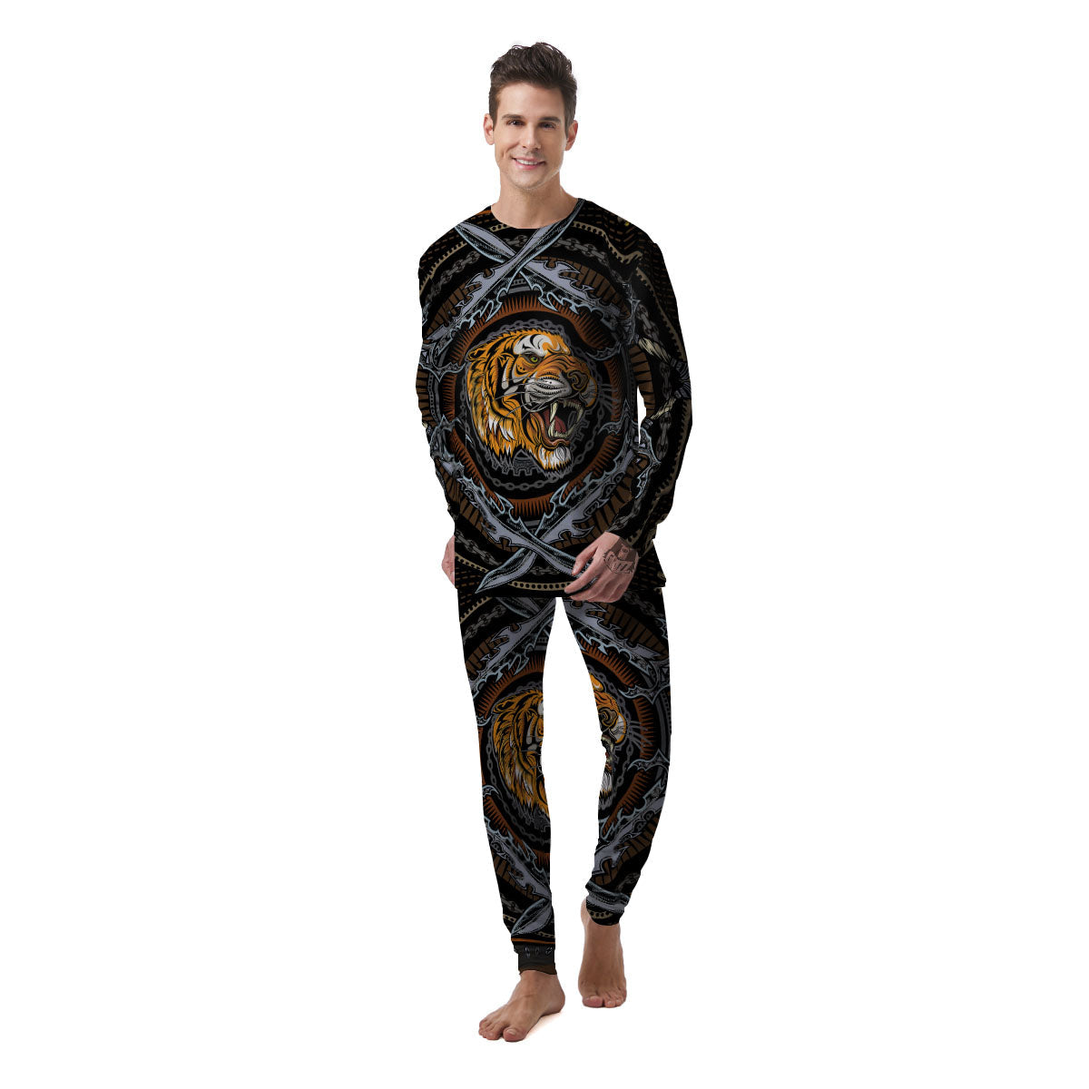 Tiger And Crossed Swords Print Men's Pajamas-grizzshop