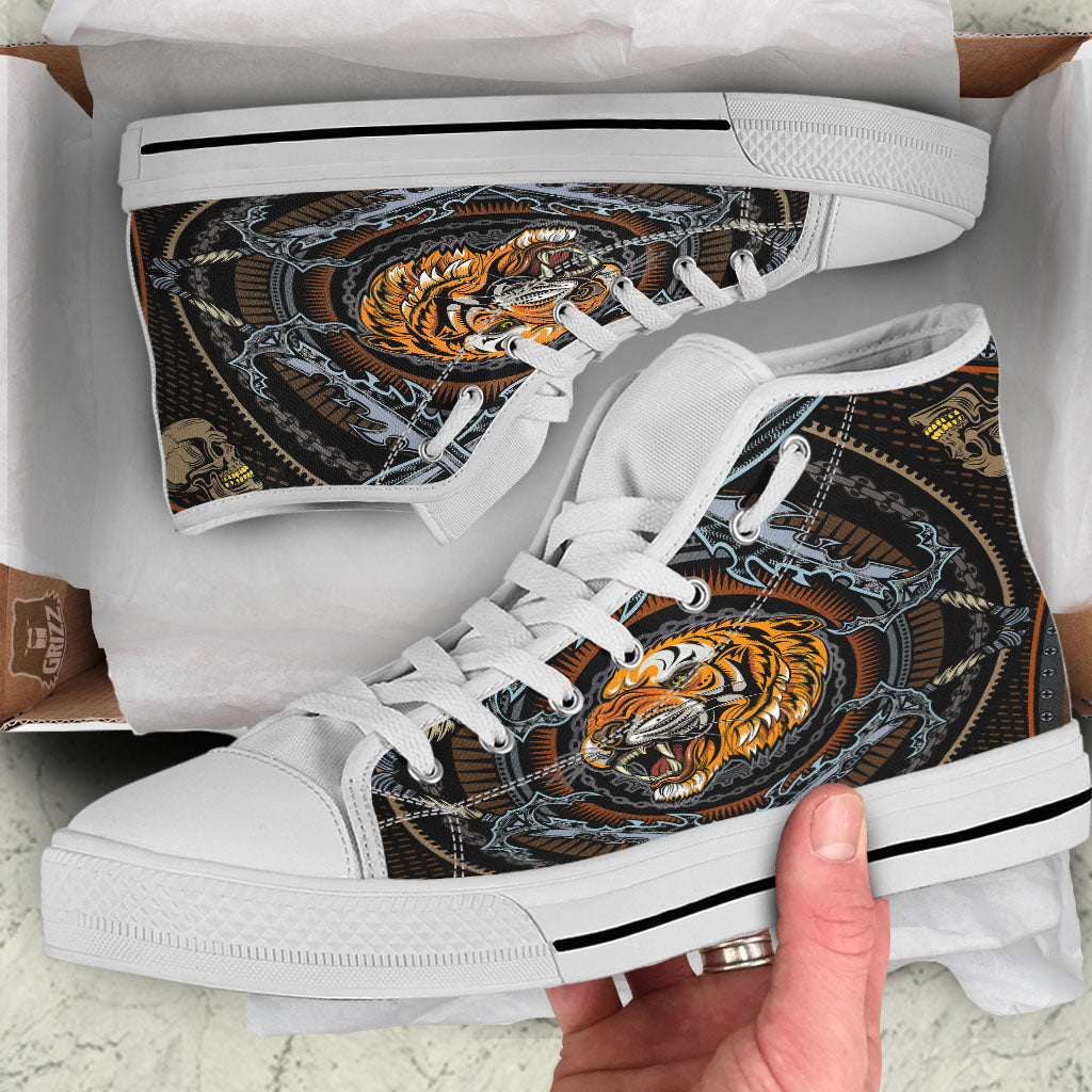 Tiger And Crossed Swords Print White High Top Shoes-grizzshop
