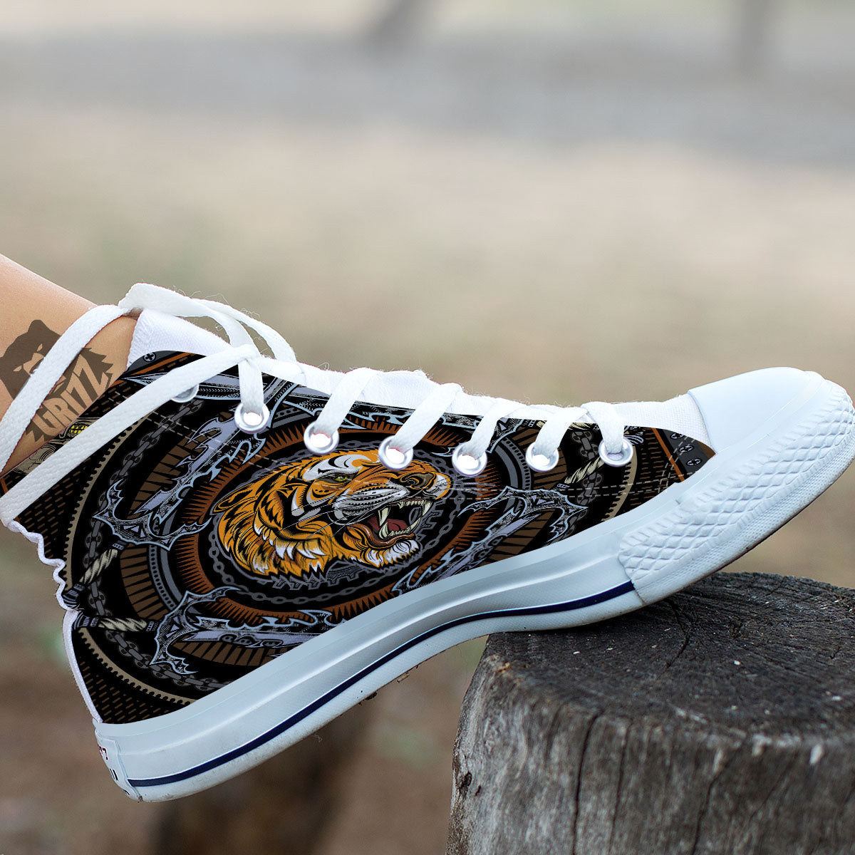 Tiger And Crossed Swords Print White High Top Shoes-grizzshop