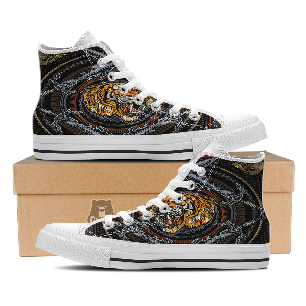 Tiger And Crossed Swords Print White High Top Shoes-grizzshop