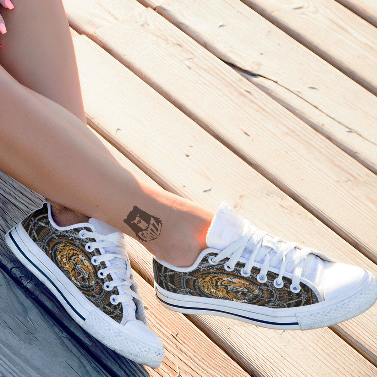 Tiger And Crossed Swords Print White Low Top Shoes-grizzshop