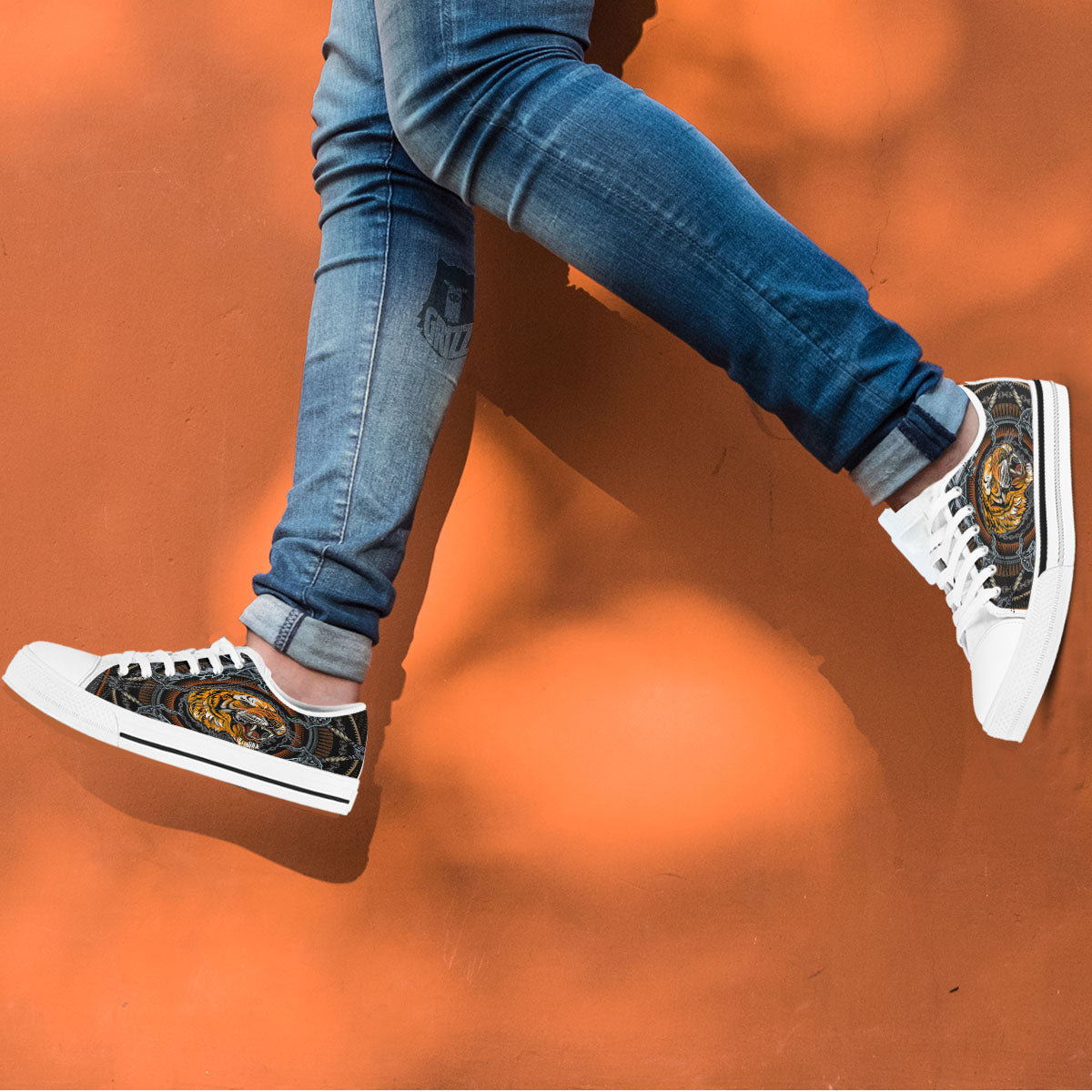 Tiger And Crossed Swords Print White Low Top Shoes-grizzshop