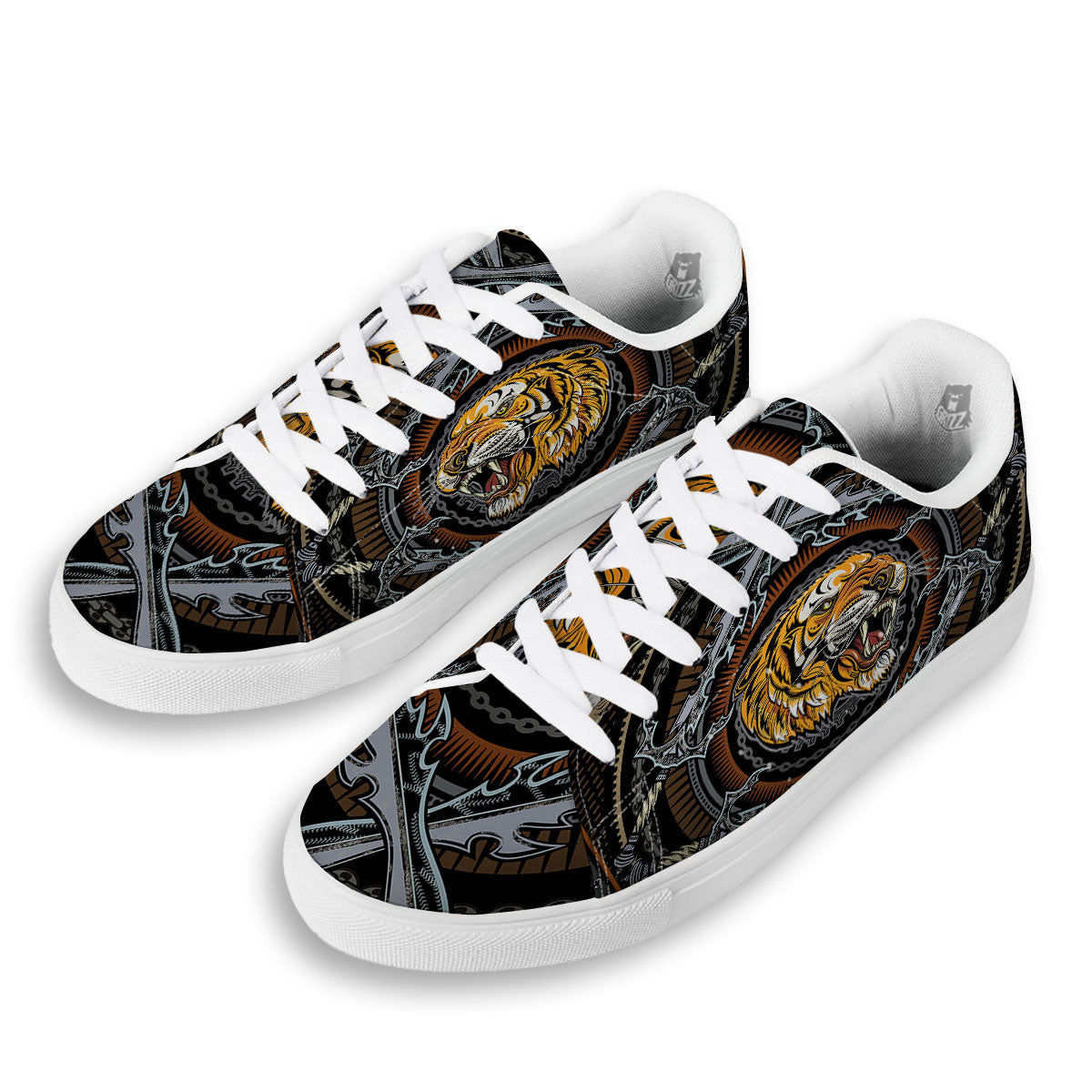 Tiger And Crossed Swords Print White Low Top Sneakers-grizzshop