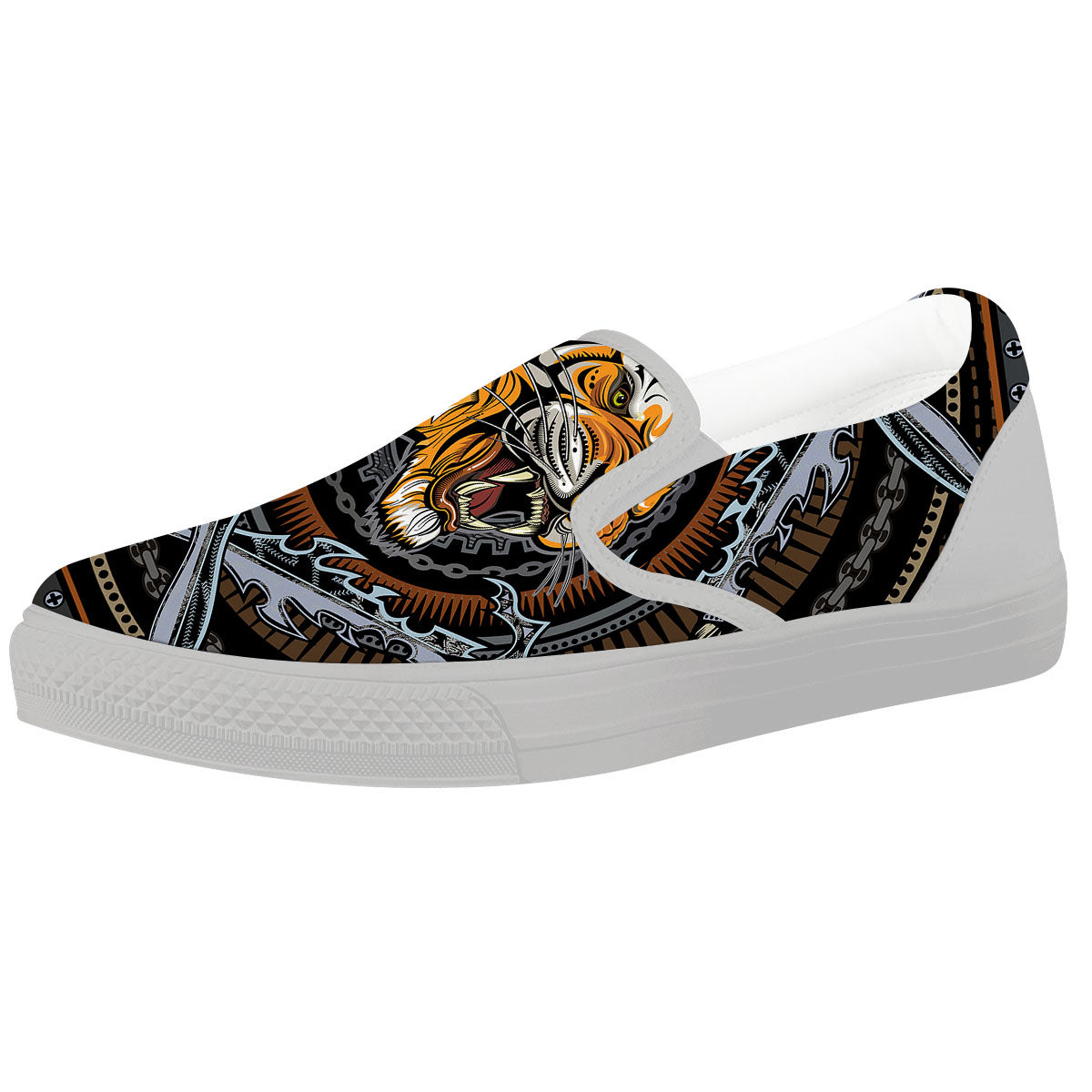 Tiger And Crossed Swords Print White Slip On Shoes-grizzshop