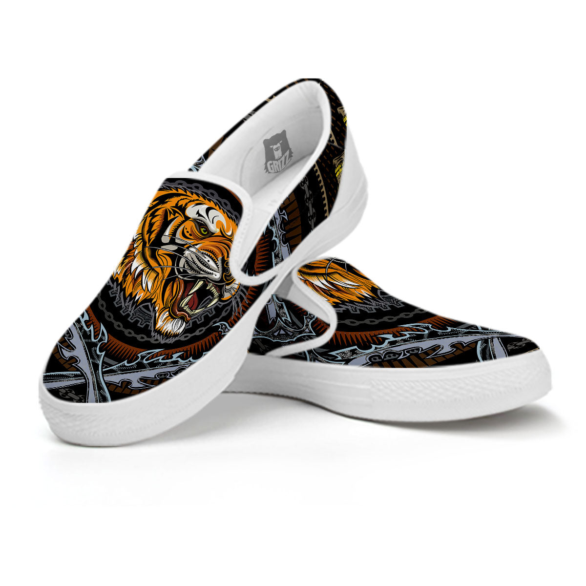 Tiger And Crossed Swords Print White Slip On Shoes-grizzshop