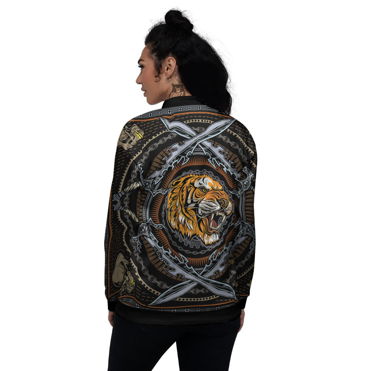 Tiger And Crossed Swords Print Women's Bomber Jacket-grizzshop