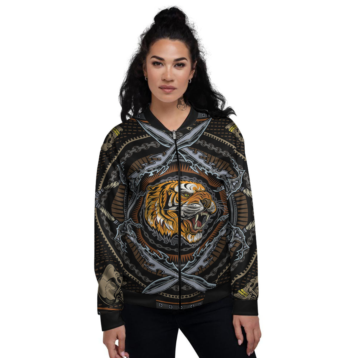 Tiger And Crossed Swords Print Women's Bomber Jacket-grizzshop