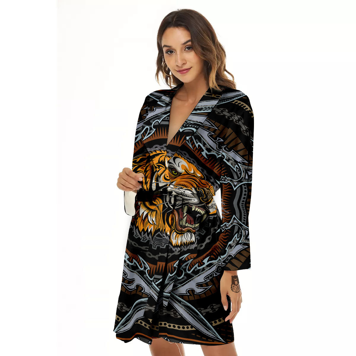 Tiger And Crossed Swords Print Women's Robe-grizzshop