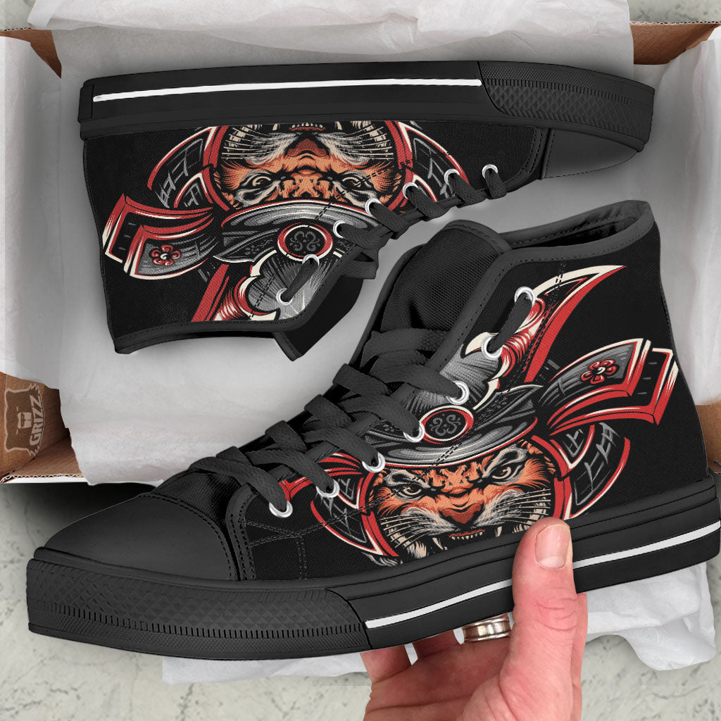 Tiger And Japanese Samurai Print High Top Shoes-grizzshop