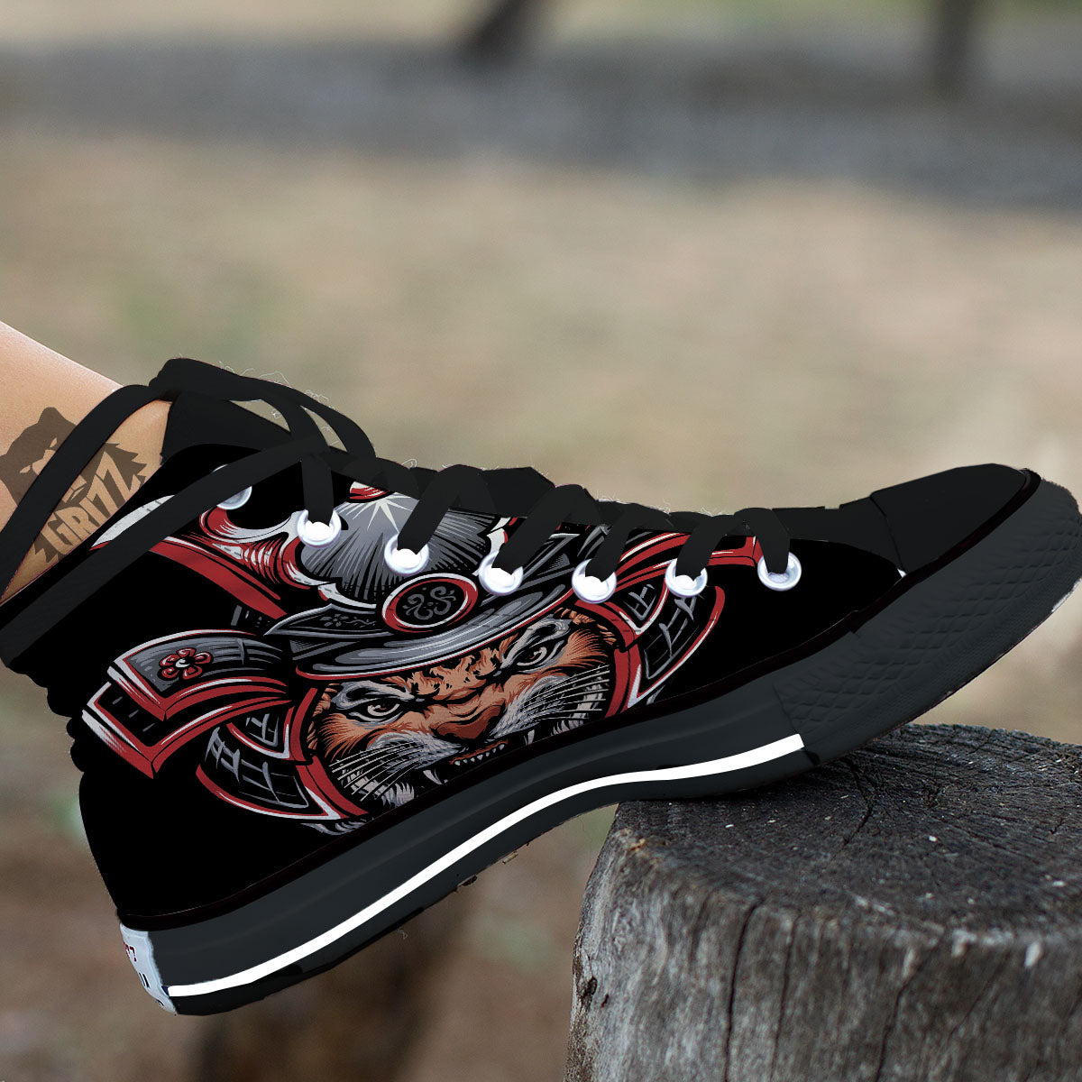 Tiger And Japanese Samurai Print High Top Shoes-grizzshop