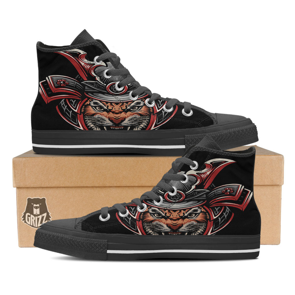 Tiger And Japanese Samurai Print High Top Shoes-grizzshop
