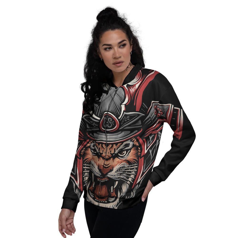 Tiger And Japanese Samurai Print Women's Bomber Jacket-grizzshop