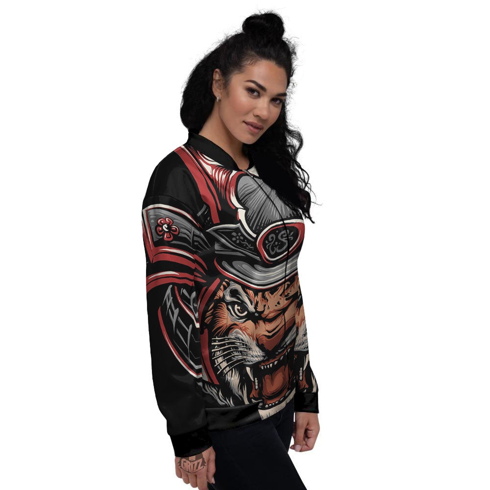 Tiger And Japanese Samurai Print Women's Bomber Jacket-grizzshop