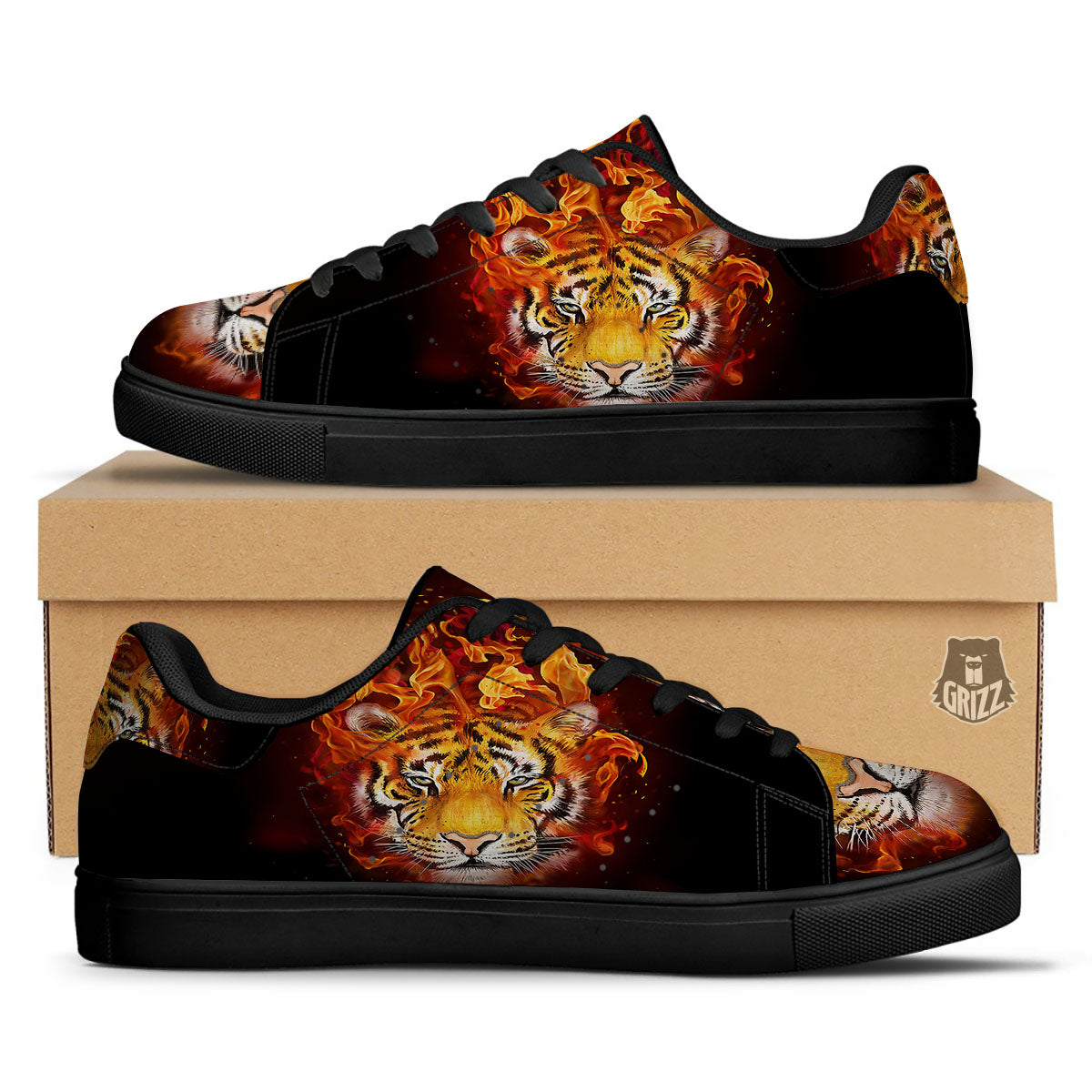 Tiger Flame Print Black Low Top Sneakers-grizzshop