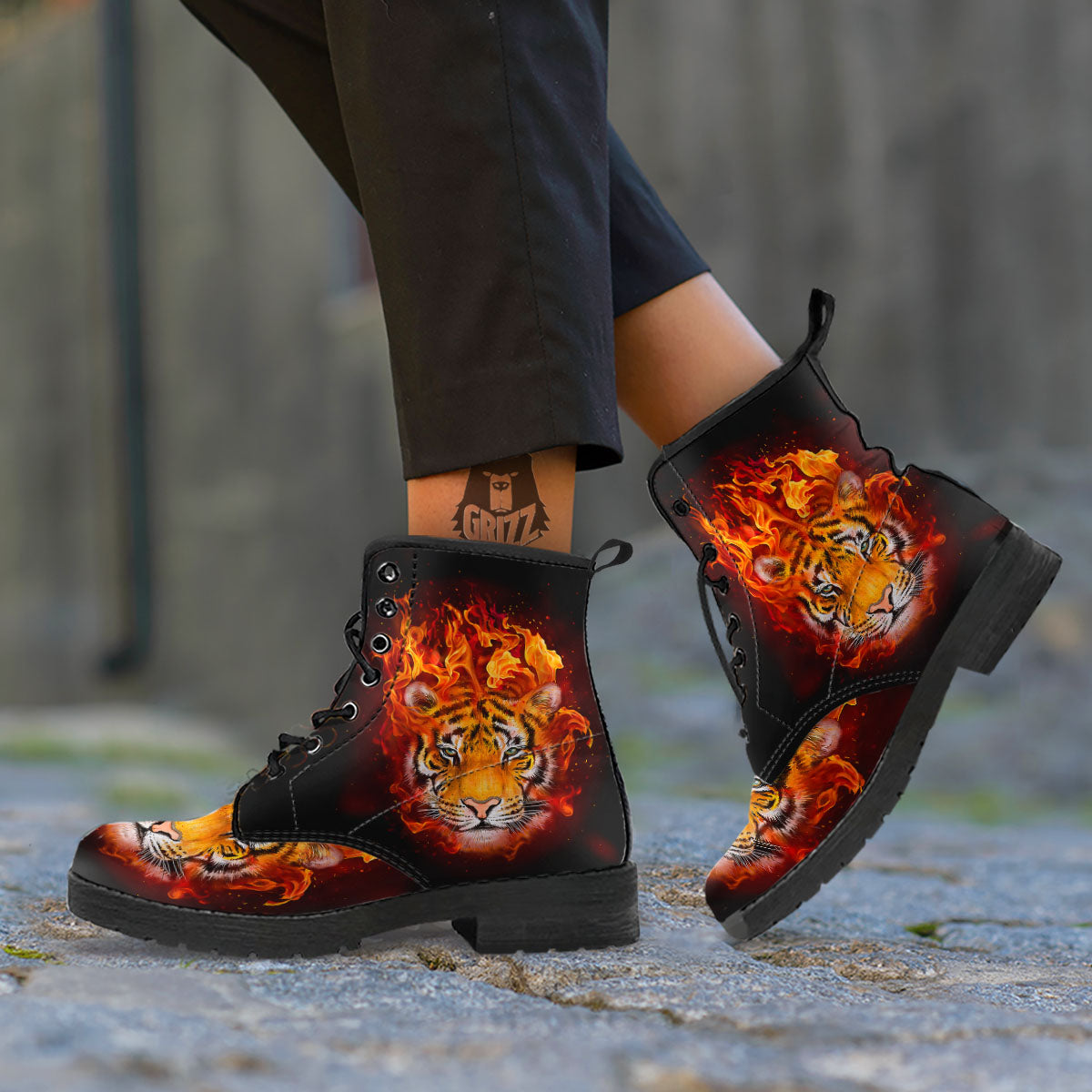 Tiger Flame Print Leather Boots-grizzshop