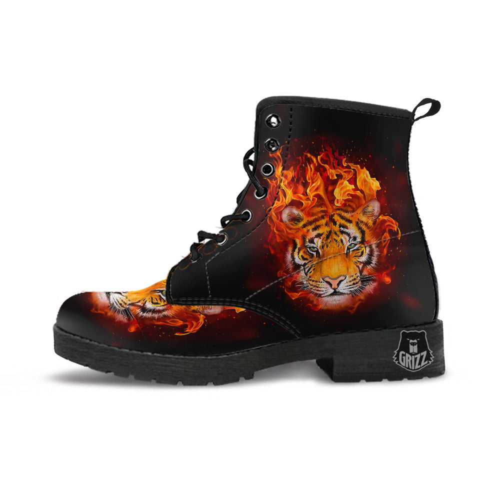 Tiger Flame Print Leather Boots-grizzshop