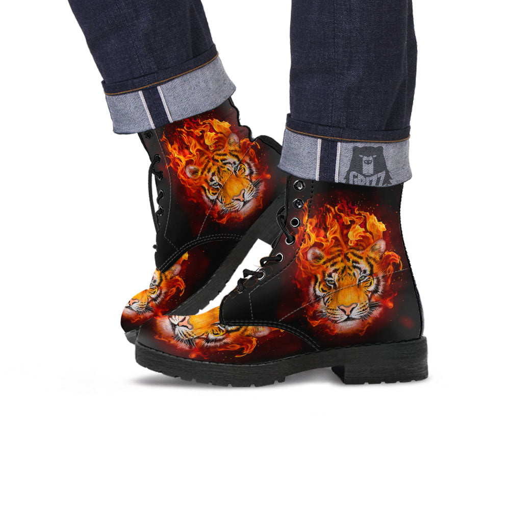 Tiger Flame Print Leather Boots-grizzshop