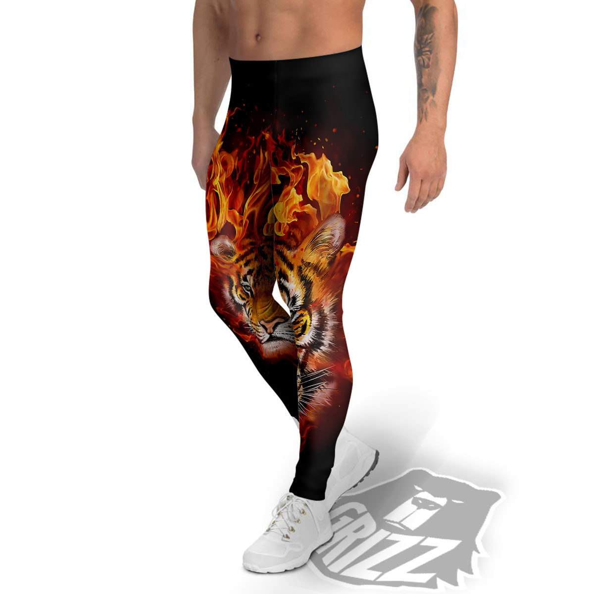 Tiger Flame Print Men's Leggings-grizzshop