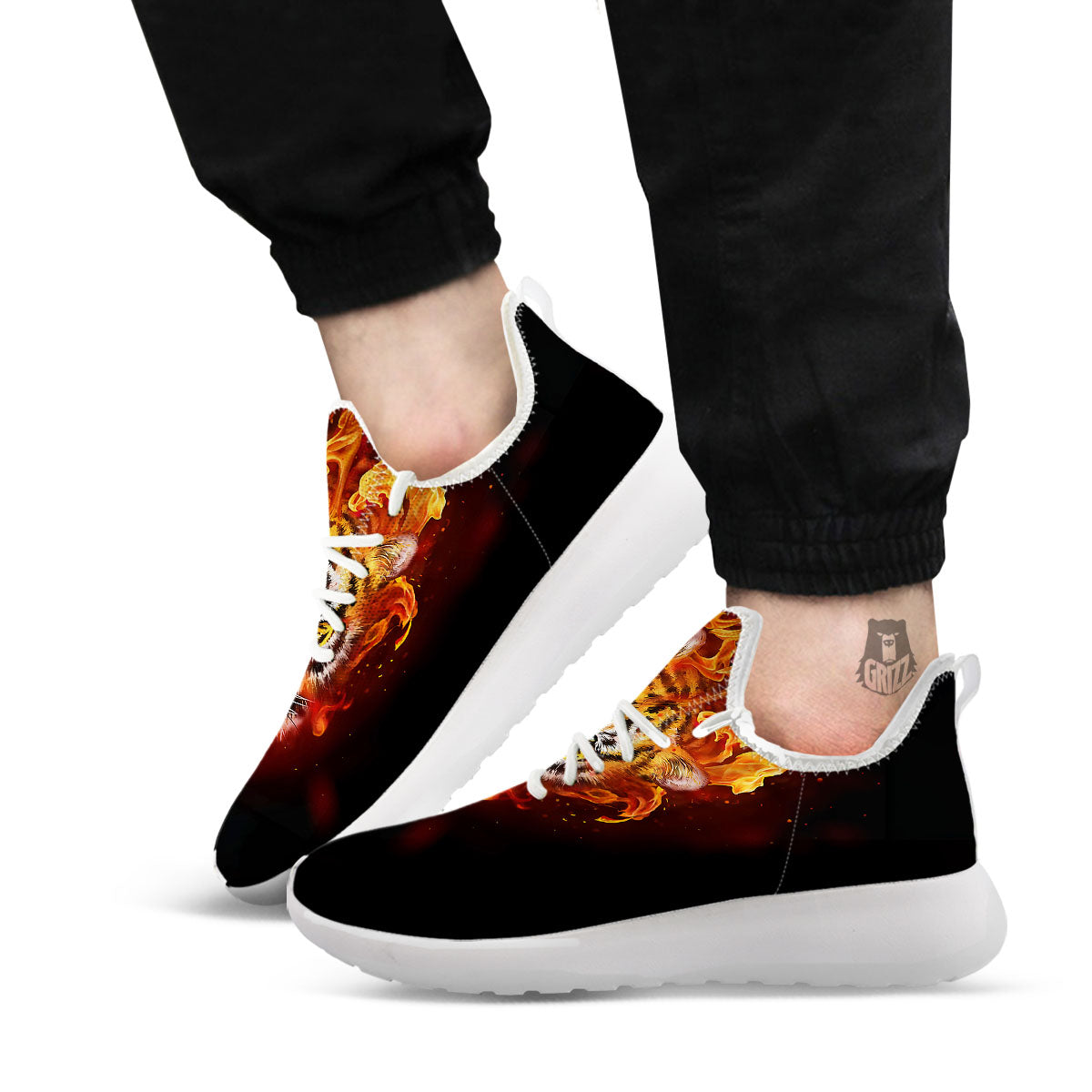 Tiger Flame Print White Athletic Shoes-grizzshop