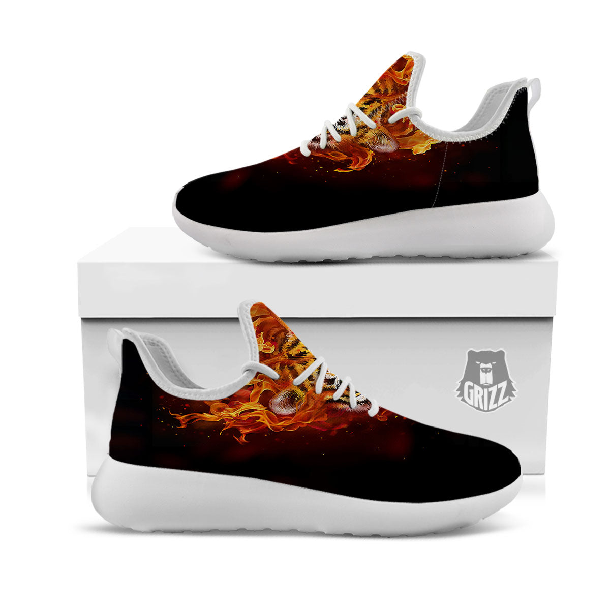 Tiger Flame Print White Athletic Shoes-grizzshop