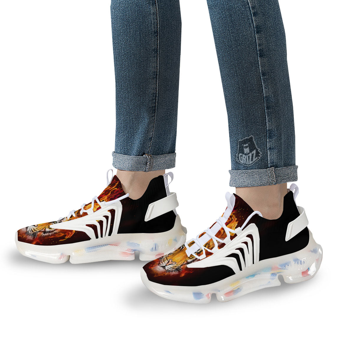 Tiger Flame Print White Gym Shoes-grizzshop