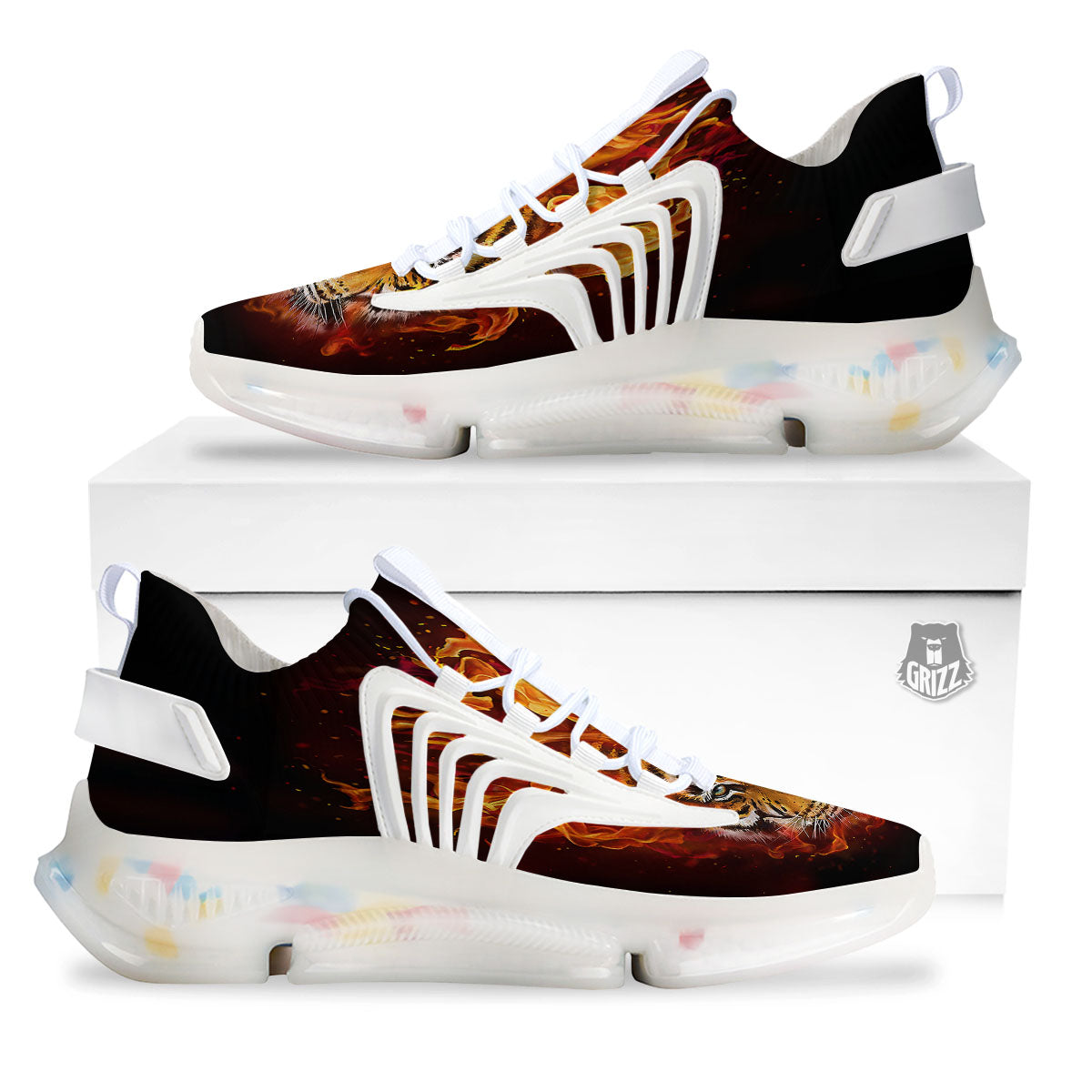 Tiger Flame Print White Gym Shoes-grizzshop